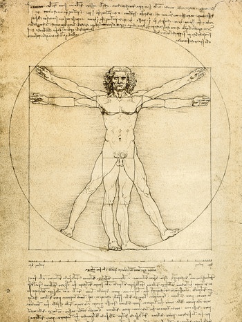 Der Vitruvianische Mensch von Leonardo da Vinci. Die Skizze zeigt die Studien da Vincis zu den menschlichen Proportionen | Bild: picture-alliance/dpa