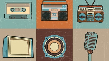 Icons zum Thema Nostalgie: Retro-Fernseher, Retro-Radio, Kassetten und ein Mikrofon. Retro-Trends, Filmklassiker oder Kulthits lassen uns in Erinnerungen schwelgen. Warum sind wir nostalgisch, welche positiven Effekte hat Nostalgie und was hat die Sehnsucht nach der Vergangenheit mit der Gegenwart zu tun? | Bild: colourbox.com