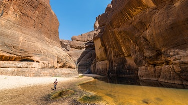 Die Wasserstelle Guelta d'Archei in der Sahara. Die Sahara ist eine Wendekreiswüste.  Heute besteht sie aus viel Sand und Stein. Doch vor einigen tausend Jahren gab es in dieser Wüste jede Menge Wasser und Grün. Hier erfahrt ihr mehr über die Geschichte der Sahara. | Bild: picture alliance/imageBROKER | Michael Runkel