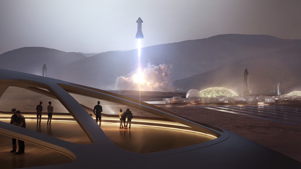 Artist Rendering: Die zukünftigen Raketenpläne von SpaceX beinhalten Landungen auf dem Mond und dem Mars, und Firmengründer und CEO Elon Musk hat einige neue Renderings des Raumschiffs geteilt. | Bild: picture-alliance/dpa