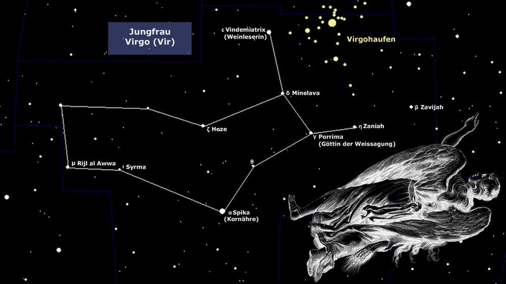 Sternkarte für das Sternbild Jungfrau (Virgo) | Bild: BR, Skyobserver, BR, NASA/U.S. Naval Observatory's Library