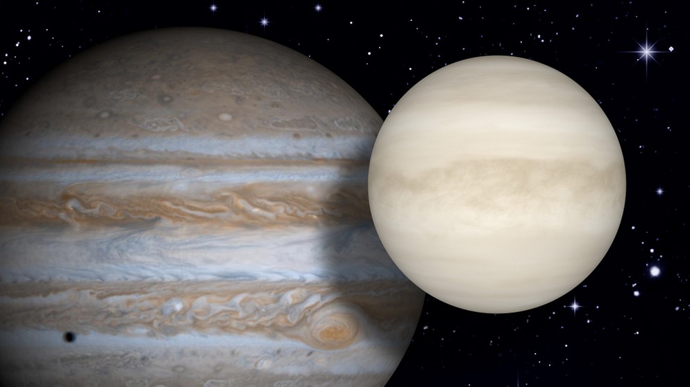 Collage der Planeten Venus und Jupiter vor dem Sternenhimmel | Bild: NASA, colourbox.com