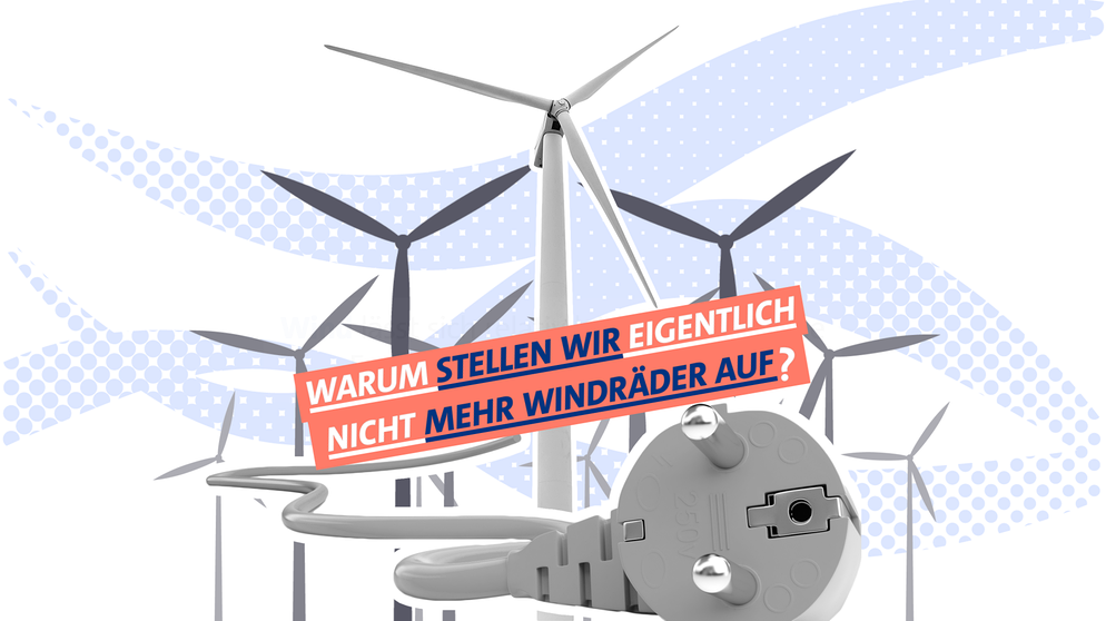 Grafisch dargestellte Windräder mit dem Schriftzug: Warum stellen wir eigentlich nicht mehr Windräder auf?  | Bild: BR