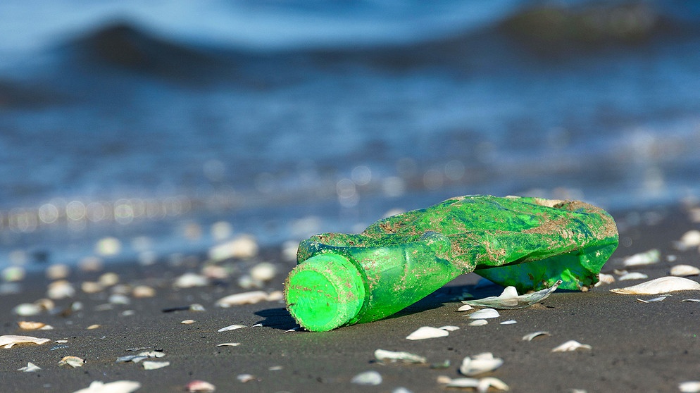 Eine Plastikflasche an einem Strand | Bild: picture-alliance/dpa/Zoonar | DesignIt