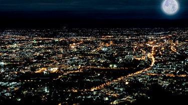 Eine Stadt in der Nacht: Das künstliche Licht strahlt von den Häusern und Wohnungen in den Nachthimmel hinaus. Künstliches Licht stört viele nachtaktive Tiere und trägt deshalb zum Artensterben bei. | Bild: colourbox.com