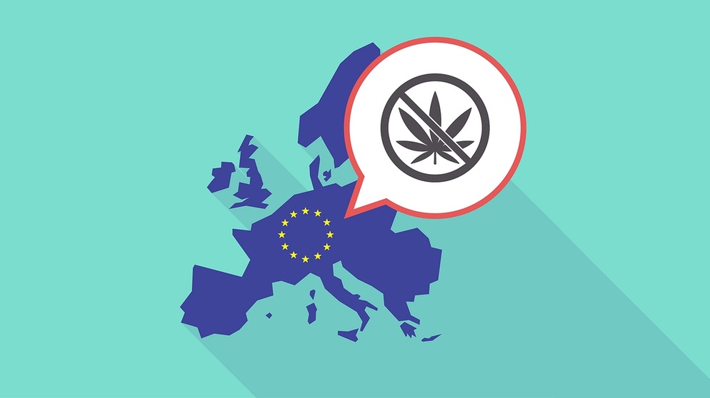 Eine EU-Karte mit einer durchgestrichenen Cannabis-Pflanze. | Bild: colourbox.com