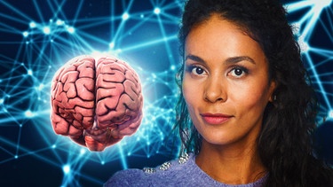 Collage Gehirn und Moderatorin Florence Randrianarisoa: Faszination Gehirn   | Bild: WDR/Tilman Schenk/pictures alliance/Zoonar/mauritius/science source