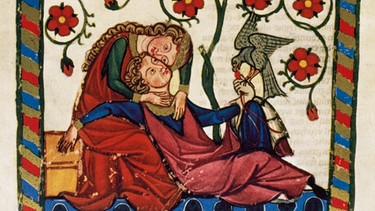 Liebe im Mittelalter  - Der Schweizer Minnesänger Konrad von Altstetten ruht mit seiner Geliebten nach der Jagd. Codex Manesse (um 1300). | Bild: picture alliance / prismaarchivo | Prismaarchivo