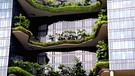 Auf den Balkonen eines Hotels in Singapur sind Pflanzen und Palmen angepflanzt. Hitze wird besonders in Städten immer stärker zum Problem. Pflanzen und Bäume können Hitze in Städten reduzieren. | Bild: picture-alliance/dpa