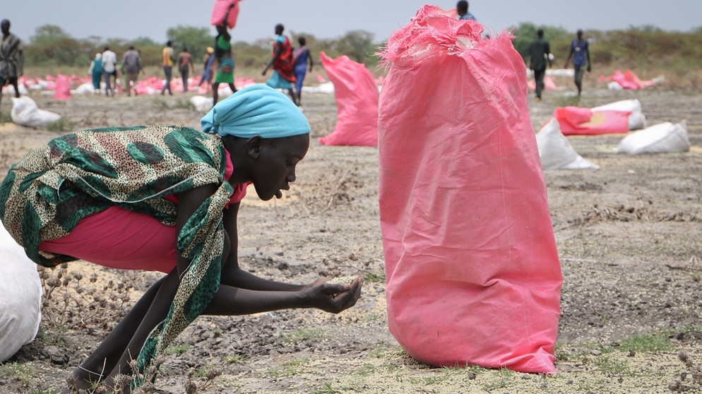 Südsudan: Eine Frau sammelt Hirse vom Boden auf, die in Säcken vom Welternährungsprogramm (WFP) der Vereinten Nationen über der Stadt abgeworfen wurden. | Bild: dpa-Bildfunk/Sam Mednick