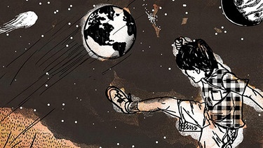 Illustration: Junge spielt Fußball auf der Erde und blickt ins Weltall. Geoengineering-Methoden werden wegen ihrer Risiken kontrovers diskutiert. | Bild: WDR / Marc Trompetter