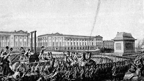 Zeitgenössische Zeichnung der Hinrichtung des französischen Königs Ludwig XVI. durch die Guillotine | Bild: picture-alliance/dpa