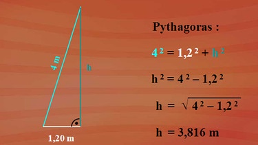 Nach Pythagoras: Hypotenuse, hier 4, zum Quadrat, ist Kathete 1,2 zum Quadrat plus Kathete h zum Quadrat. | Bild: BR