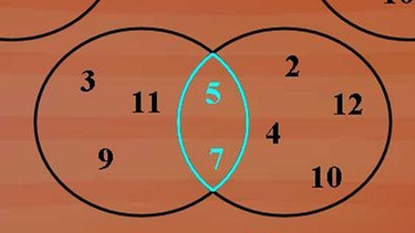 Die Menge M1 besteht aus den Zahlen 3, 5, 7, 9 und 11, die Menge M2 aus den Zahlen 2, 4, 5, 7, 10 und 12 | Bild: BR