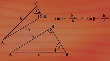 Im Teildreieck AHC gilt Sinus von Gamma ist gleich Gegenkathete ha durch Hypotenuse b und im Teildreieck ABH Sinus Beta ist gleich Gegenkathete ha durch Hypotenuse c. | Bild: BR