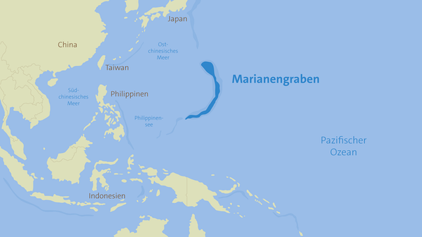 Der Marianengraben, eine Tiefseerinne, liegt im Pazifischen Ozean und ist an ihrer tiefsten Stelle knapp 11.000 Meter tief. Sie ist damit die tiefste Stelle des Weltmeeres. | Bild: BR