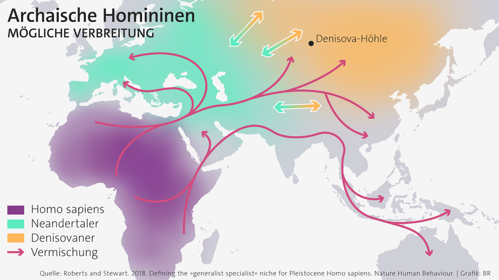 Die Karte zeigt, die Verbreitung von Neandertalern und Denisovanern. Untereinander gab es kulturellen Austausch und Fortpflanzung. Als die Homo sapiens vor rund 40.000 Jahren aus Afrika einwanderten, vermischten sie sich mit Neandertalern und Denisovanern.  | Bild: BR