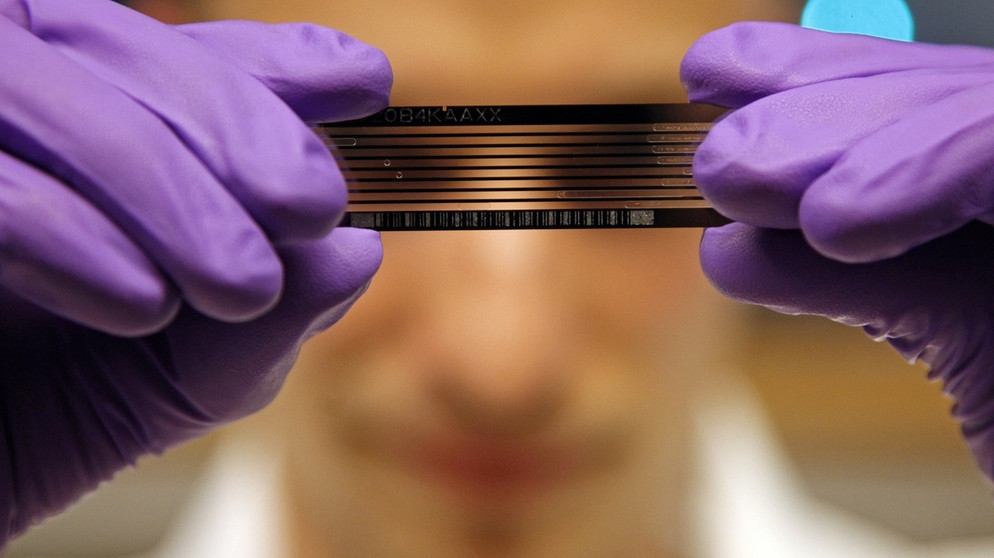 Auf einer Sequenzierplatte sind ca. 100 Millionen DNA-Sequenzen gespeichert, die bestimmt werden können.  | Bild: picture-alliance/dpa
