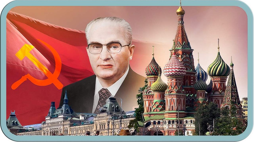 Collage: Basilius-Kathedrale  in Moskau, sowjetische Flagge, Juri Wladimirowitsch Andropow  | Bild: funk