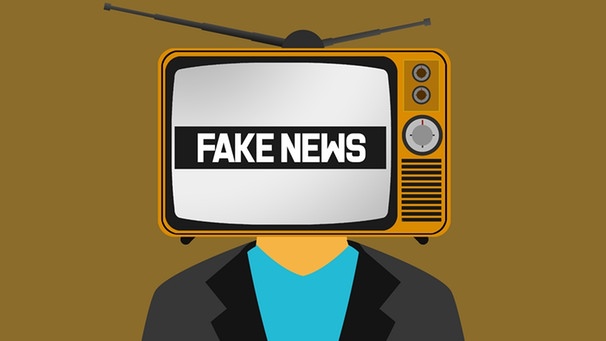 "Fake-News" Aufschrift auf einem Fernseher, der auf dem Kopf einer Figur sitzt (Zeichnung/Symbolbild). | Bild: picture alliance / Zoonar | Yann Tang