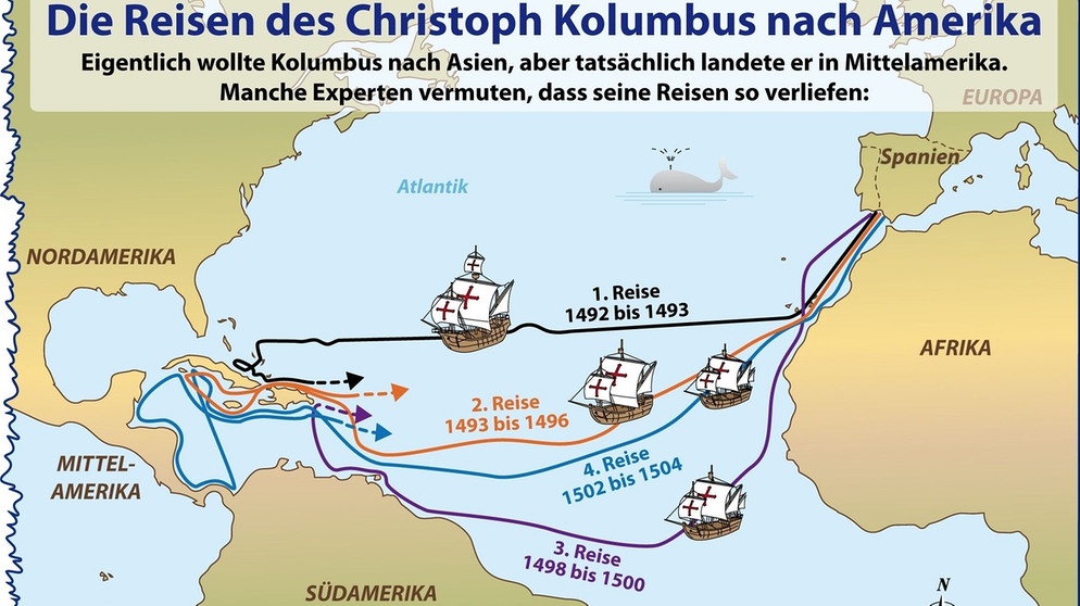 Christoph Kolumbus gilt als Entdecker Amerikas. Die Grafik zeigt seine Routen. | Bild: picture-alliance/dpa