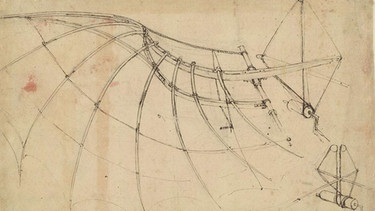 Konstruktion eines mechanischen Flügels, Skizze von Leonardo da Vinci. Der Renaissance-Künstler war zugleich Ingenieur, der alle möglichen Geräte erfand und auch baute. Auch Fluggeräte zählten zu da Vincis Erfindungen. | Bild: picture-alliance/Heritage-Images
