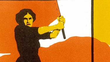 Historisches Wahlplakat: "Heraus mit dem Frauenwahlrecht". Eine Frau schwenkt kämpferisch eine orangefarbene Flagge, Druck nach einem Entwurf von Karl Maria Stadler.  | Bild: picture-alliance / akg-images | akg-images
