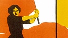 Historisches Wahlplakat: "Heraus mit dem Frauenwahlrecht". Eine Frau schwenkt kämpferisch eine orangefarbene Flagge, Druck nach einem Entwurf von Karl Maria Stadler.  | Bild: picture-alliance / akg-images | akg-images