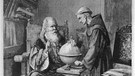 Zeichnung von Galileo Galilei: Der Wissenschaftler demonstriert einem Mönch seine Theorien.  | Bild: dpa/Mary Evans Picture Library