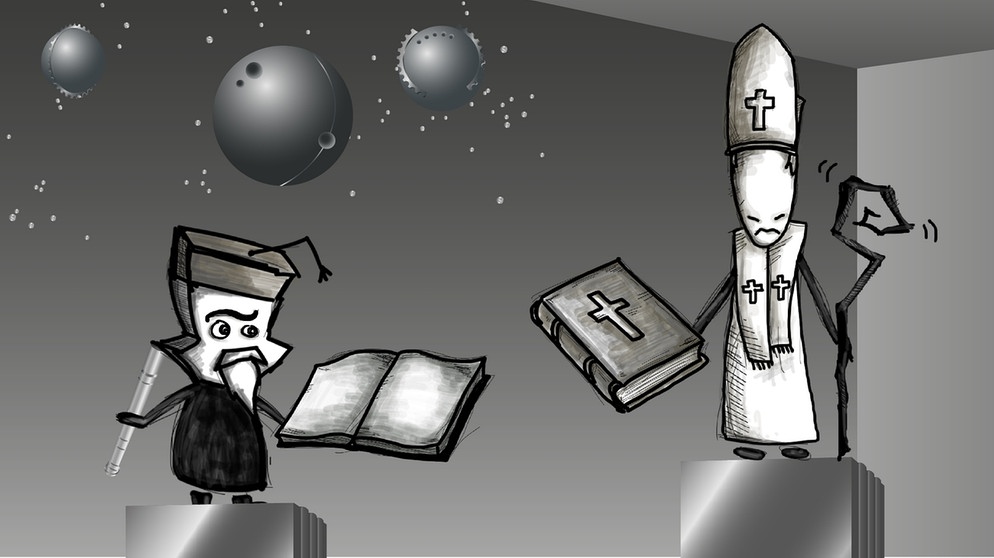 Für den gläubigen Christen Galileo Galilei gibt es keinen Widerspruch wissenschaftlicher Werke zur Bibel: Die Heilige Schrift wolle zeigen "nicht wie der Himmel geht, sondern wie wir in den Himmel kommen". Die Naturwissenschaft hingegen soll frei beschreiben dürfen, wie dieser Himmel dann geht. | Bild: BR/Anna Hunger