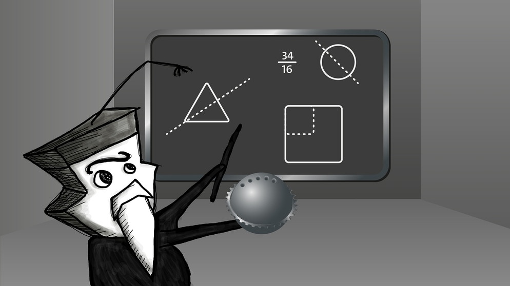 Illustration: Galileo Galilei mit Kugel und Dreieck: Wir denken beim Namen Galilei immer sofort an den Astronomen, doch zunächst war der italienische Forscher ein Mathematiker. | Bild: BR/Anna Hunger
