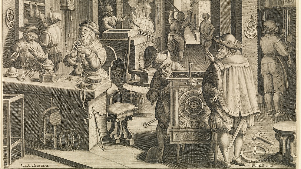 Uhrmacherwerkstatt (Die Erfindung der Räderuhr), um 1591 | Bild: Germanisches Nationalmuseum, Nürnberg