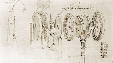 Eine zerlegte Getriebevorrichtung von Leonardo da Vinci. Die technischen Zeichnungen des Universalgenies der Renaissance sind von solcher Kunstfertigkeit, dass sie selbst zu Kunstwerken wurden. | Bild: picture-alliance/Everett Collection