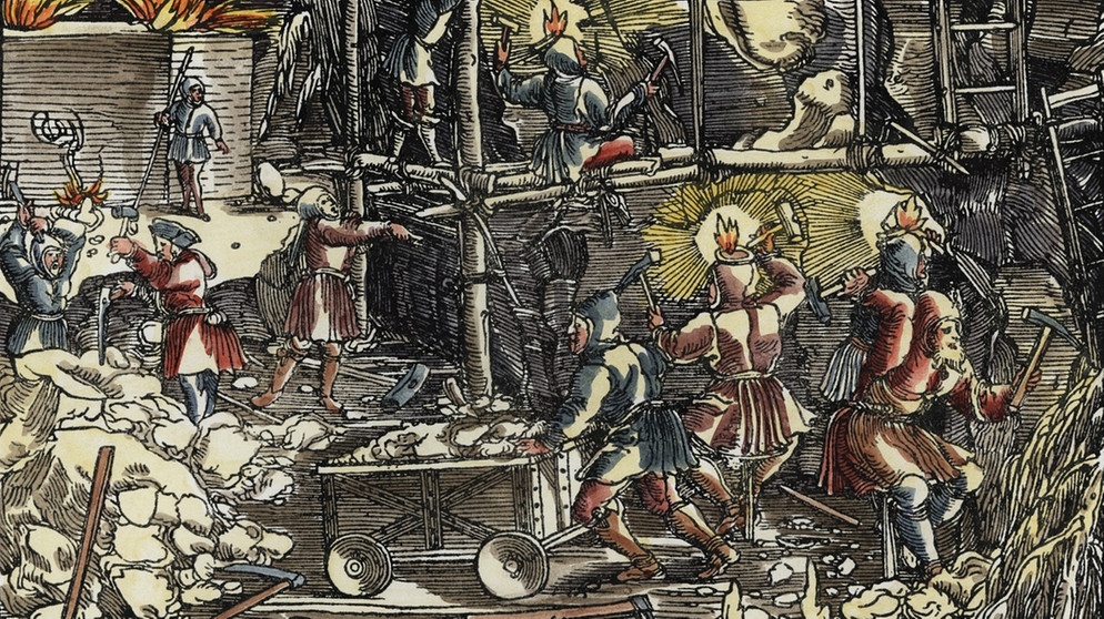 Petrarcameister: 'Von Findung der Goldgruben'. (Erzbergbau). Holzschnitt. Spätere Kolorierung. Aus: Francesco Petrarca (dt.), Von der Artzney bayder Glueck, Augsburg 1532. | Bild: picture alliance/akg-images