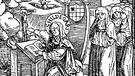 Abbildung: Hildegard von Bingen an einem Schreibpult. Die deutsche Heilige wirkte als Äbtissin der von ihr gegründeten Klöster Rupertsberg und Eibingen. Hildegard von Bingen wurde 1098 in Bermersheim bei Alzey geboren und starb 1179 im Kloster Rupertsberg. In ihren Schriften, deren bekannteste "Liber Scivias Domini" (Wisse die Wege) ist, legte sie ihre mystischen Erfahrungen, ihre Tugendlehre sowie ihre medizinischen und naturwissenschaftlichen Kenntnisse nieder. Undatiert. | Bild: dpa Bilderdienste