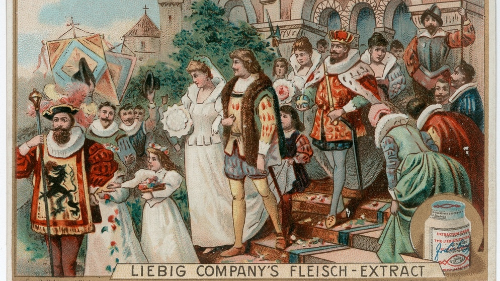 König Drosselbart heiratet die Prinzessin, Farblithographie, 1902, Sammelbildchen der Liebig Company's Fleisch-Extract.  | Bild: dpa-Bildfunk
