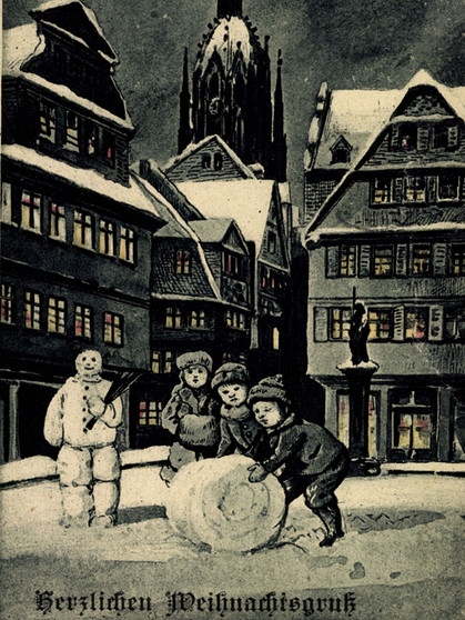 Eine Weihnachtspostkarte aus Frankfurt am Main, vermutlich aus den 1920er-Jahren. Der Schneemann besitzt echte Beine. Schon gewusst? Am 18.1. ist jedes Jahr Weltschneemanntag.  | Bild: dpa/picture alliance/arkivi