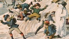Eine Farblithographie von 1890: Der Schneemann mit Beinen wohnt den "Winterfreuden" bei. Das Bild diente wohl dem A-nschauugsunterricht und als Anregung für Kinderspiele. Schon gewusst? Am 18.1. ist jedes Jahr Weltschneemanntag. | Bild: dpa/picture-alliance/akg-images