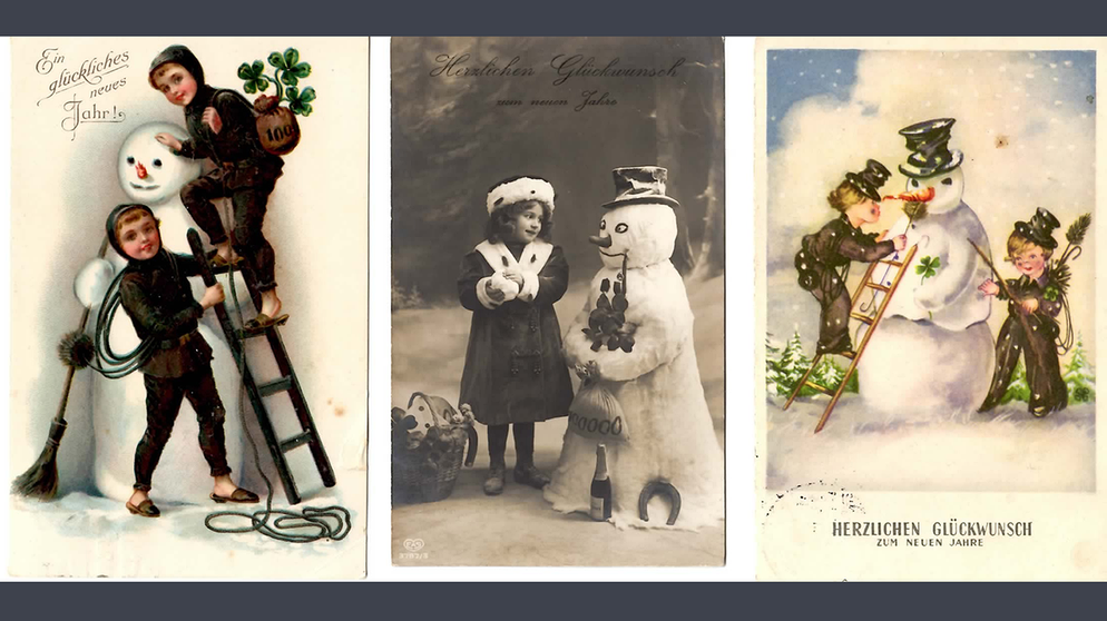 Verschiedene Postkarten ab 1912 aus der Schneemann-Sammlung von Cornelius Grätz zeigen, wie der Schneemann als Glücksbote mit dem Schornsteinfeger vermischt wurde. Cornelius Grätz hat auch den Welttag des Schneemanns am 18.1. ins Leben gerufen. | Bild: Cornelius Grätz