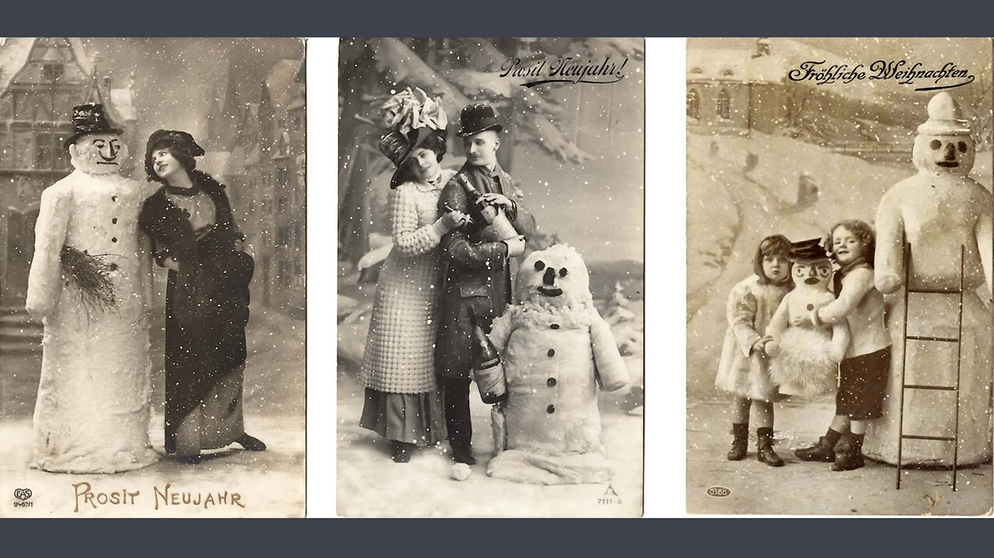 Postkarten um 1915 aus dem Fotostudio: ein Stelldichein mit Schneemann. Sie stammen aus der Schneemann-Sammlung von Cornelius Grätz. Cornelius Grätz hat auch den Welttag des Schneemanns am 18.1. ins Leben gerufen. | Bild: Cornelius Grätz