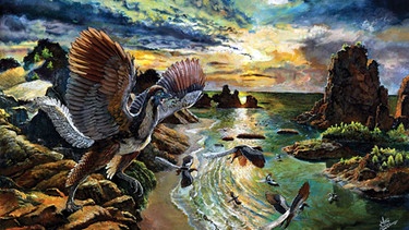 Illustration: Ein Archaeopteryx fliegt in der Urlandschaft. Vor 150 Millionen Jahren lebte der Urvogel Archaeopteryx im Altmühltal im heutigen Bayern. Archaeopteryx beschäftigt die Forscher seit der Entdeckung des ersten Fossils. War er Saurier, Dinosaurier, Vogel oder etwas dazwischen? Wie groß war der Urvogel, konnte er wie die Flugsaurier fliegen und wie ähnlich war er Raubsauriern und anderen Dinosauriern? Wir haben für euch zusammengefasst, was man bisher über Archaeopteryx weiß. | Bild: picture-alliance/dpa