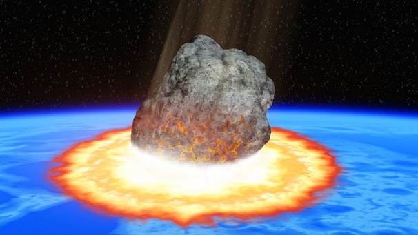 Illustration des Asteroideneinschlags von Yucatán. Der Chicxulub-Meteoritenkrater in Mexiko zeugt noch heute von der unglaublichen wucht, mit der vor 66 Millionen Jahren ein Asteroid einschlug und vermutlich das große Massensterben und Aussterben der Dinosaurier nach sich führte. | Bild: colourbox.com