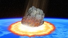 Illustration des Asteroideneinschlags von Yucatán. Der Chicxulub-Meteoritenkrater in Mexiko zeugt noch heute von der unglaublichen wucht, mit der vor 66 Millionen Jahren ein Asteroid einschlug und vermutlich das große Massensterben und Aussterben der Dinosaurier nach sich führte. | Bild: colourbox.com