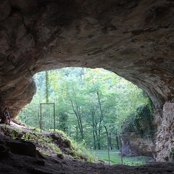Blick aus dem Inneren der Vindija Höhle hinaus in ein Waldgebiet. In der Vindija Höhle in Kroatien lebten vor 39.000 bis 47.000 Jahren Neandertaler, von deren Erbgut noch heute Reste in der DNA des modernen Homo Sapiens zu finden ist. | Bild: M. Hajdinjak