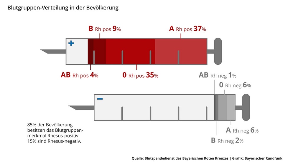 Die Infografik zeigt die Blutgruppenverteilung in Deutschland - mit den Rhesusfaktoren: 37 Prozent haben A+, 35 Prozent 0+, Blutgruppe B+ haben 9 Prozent, 4 Prozent haben AB+. Jeweils 6 Prozent haben A- und 0-, 2 Prozent haben B- und 1 Prozent hat AB-. | Bild: BR