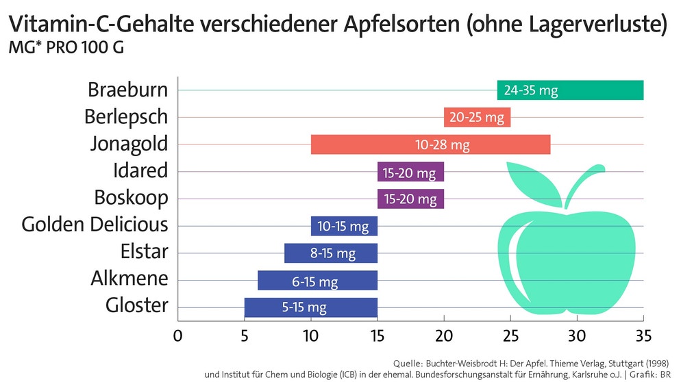 Infografik: Vitamin-C-Gehalt von Apfelsorten. Äpfel sind gesund, kalorienarm und lecker. Am 11. Januar ist Tag des deutschen Apfels. Welche gesunden Inhaltsstoffe in der beliebtesten Frucht Deutschlands stecken, erfahrt ihr hier. Und wir erklären euch, warum der Apfel eine Symbolkraft hat.  | Bild: BR