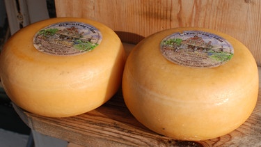 Zwei Käselaibe auf einem Brett. Ob Käse zahnschützend wirkt hängt von der Sorte ab.  | Bild: picture-alliance/dpa