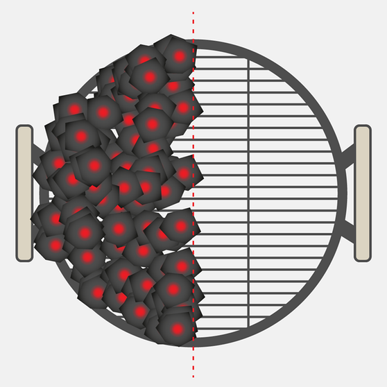 Grafische Darstellung eines Kugelgrills mit unterschiedlicher Verteilung der glühenden Holzkohle (Ansicht von oben). Damit soll illustriert werden, für welches Fleisch welche Garzeit und welche Form des Grillens - wie das indirekte Grillen - geeignet ist. | Bild: BR/Tanja Begovic
