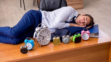 Chronobiologie und innere Uhr Symbolbild: Ein Mann in Anzug schläft auf einem Schreibtisch, umgeben von Weckern.  | Bild: picture alliance / Zoonar | Elnur Amikishiyev