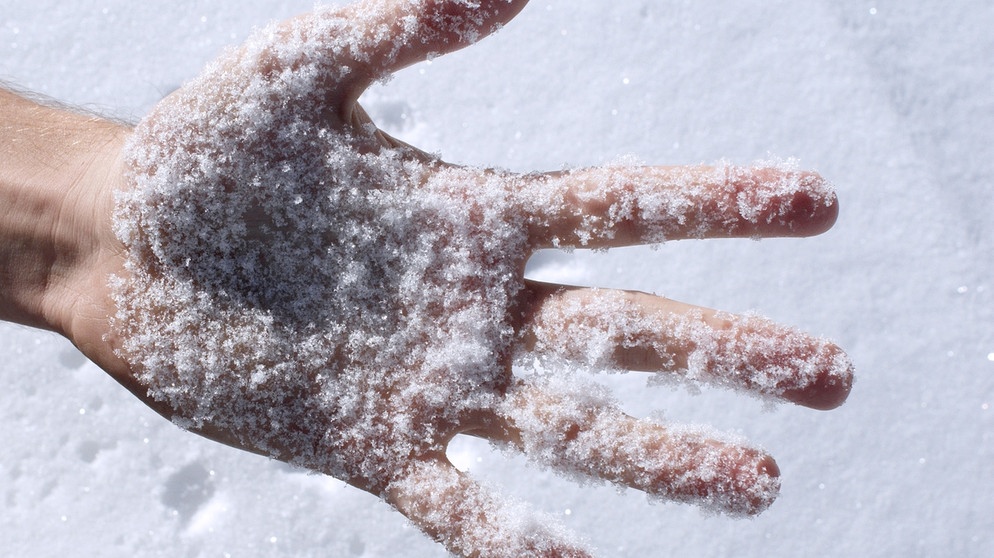 Eine Hand im Schnee: Die Haut spürt mit Tastkörperchen, ob etwas kalt oder warm ist. | Bild: colourbox.com